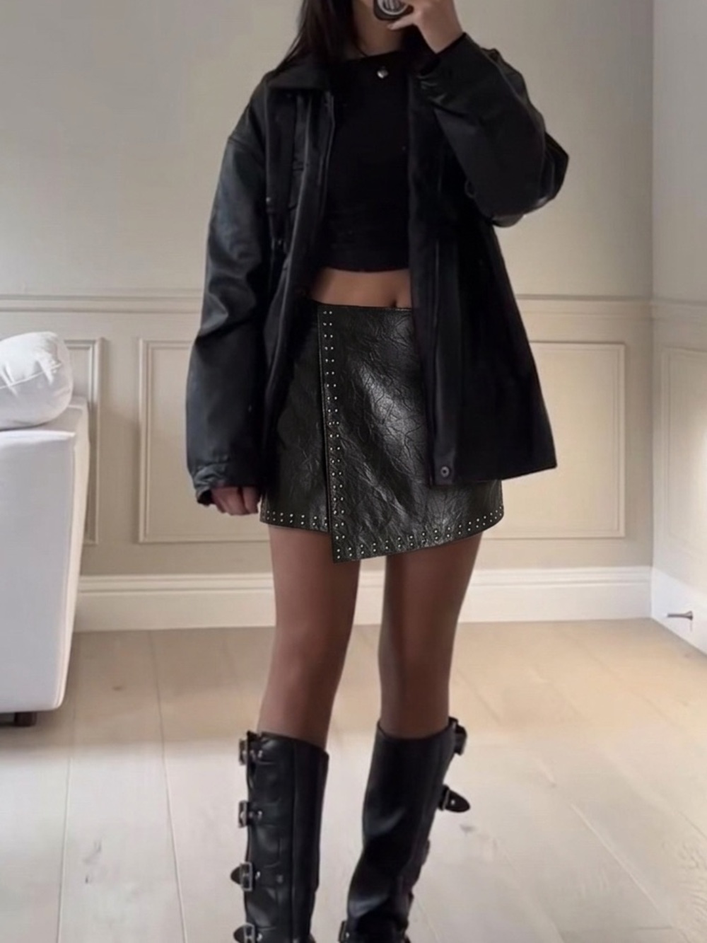 Joie Black Studded Asymmetrical Genuine Lamb Leather Mini Skirt
